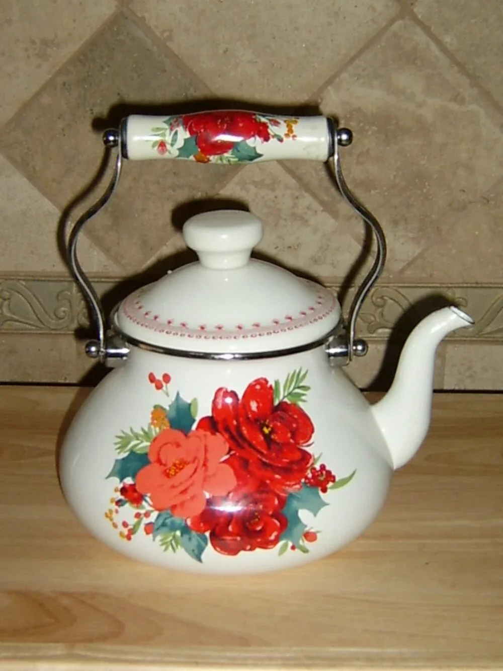 The‎ Pioneer Woman Cheerful Rose Pattern Enamel on Steel Tea Kettle, EUC